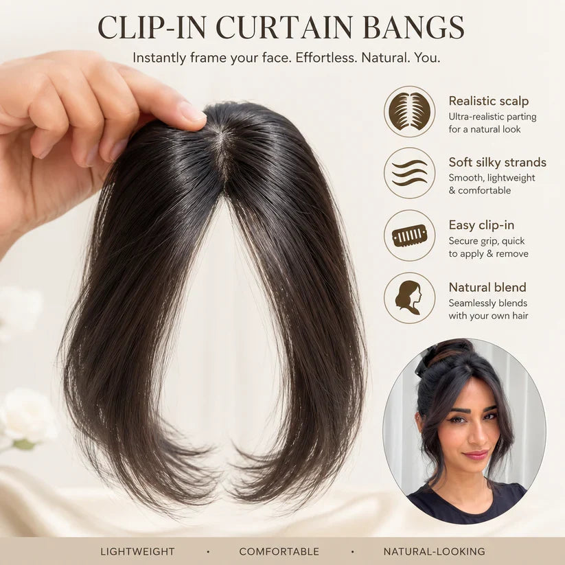 Luxury Imported Clip-In Curtain Bangs Hair Topper | Instant Makeover | Soft, Natural & Reusable